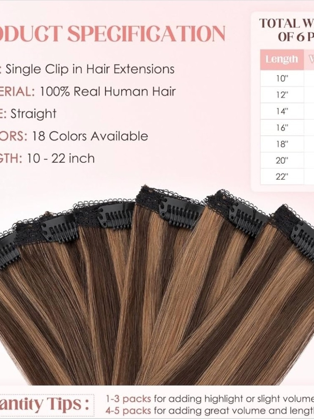 12"Hairro 6pcs Clip In 100%Real Human Hair Extensions, Single Clip Design#2RP6 - Picture 4 of 6